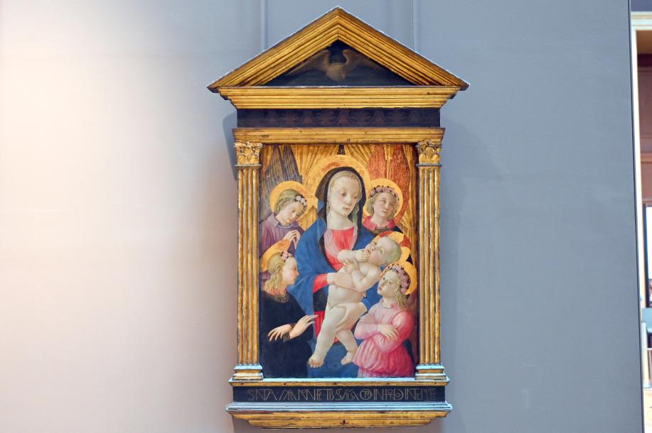 Meister der Geburt von Castello (1452–1461), Die Jungfrau Maria und das Jesuskind, umgeben von vier Engeln, Paris, Musée du Louvre, Saal 708, um 1450–1455