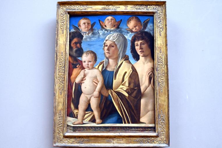 Giovanni Bellini (1452–1515), Maria mit Kind zwischen dem heiligen Petrus und dem heiligen Sebastian, Paris, Musée du Louvre, Saal 710b, um 1487, Bild 1/2