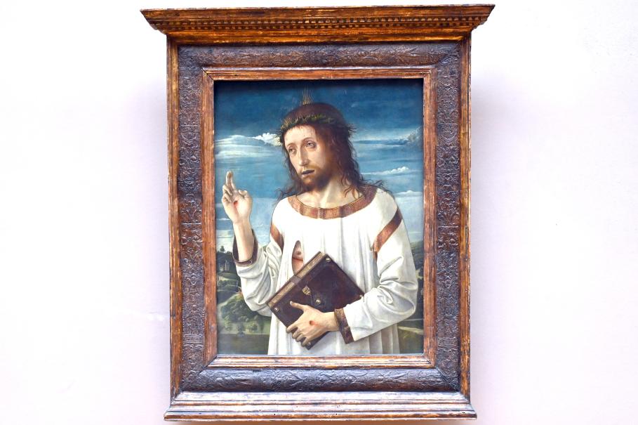 Giovanni Bellini (1452–1515), Segnender Christus, Venedig, Kirche Santo Stefano, jetzt Paris, Musée du Louvre, Saal 710b, um 1465–1470, Bild 1/2