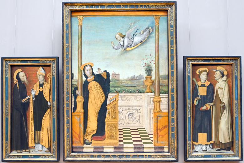 Carlo Braccesco (1495), Triptychon Mariä Verkündigung, Genua, Chiesa di Nostra Signora del Carmine e Sant'Agnese, jetzt Paris, Musée du Louvre, Saal 710c, um 1490–1500