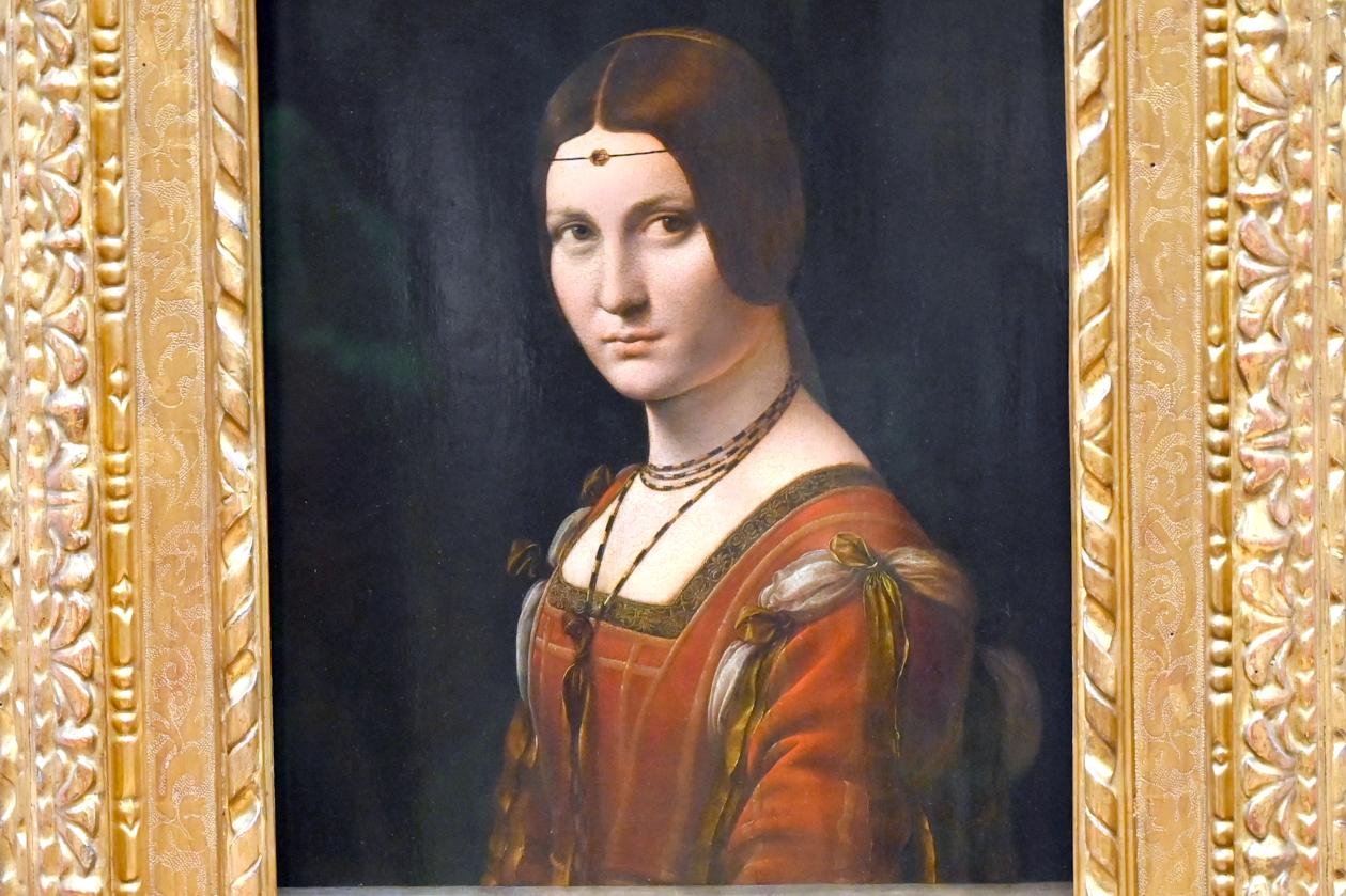 Leonardo da Vinci (1475–1513), Porträt einer Frau vom Mailänder Hof (fälschlicherweise als La Belle Ferronnière bekannt), Paris, Musée du Louvre, Saal 710c, um 1490–1497, Bild 2/4