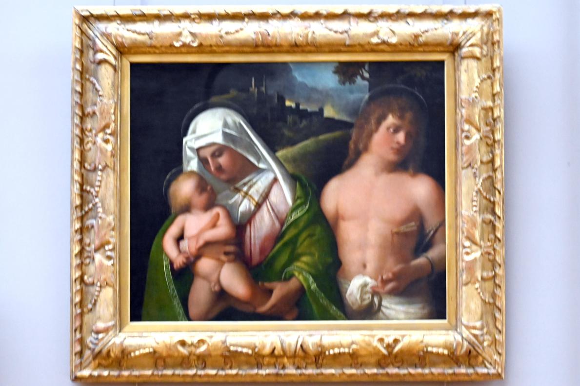 Giovanni Cariani (Giovanni Busi) (1515–1540), Die Jungfrau und das Kind mit dem Heiligen Sebastian, Paris, Musée du Louvre, Saal 710d, um 1517–1523, Bild 1/2