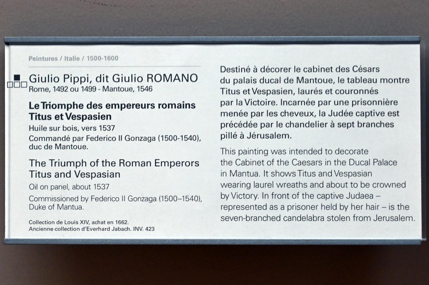 Giulio Romano (Giulio Pippi) (1515–1537), Der Triumph der römischen Kaiser Titus und Vespasian, Mantua, Palazzo Ducale, jetzt Paris, Musée du Louvre, Saal 710e, um 1537, Bild 2/2
