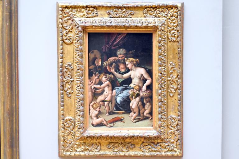 Giulio Romano (Werkstatt) (1525), Die römischen Götter Venus, Vulkan und Amor mit fünf Putten, Paris, Musée du Louvre, Saal 710e, um 1520–1530, Bild 1/2