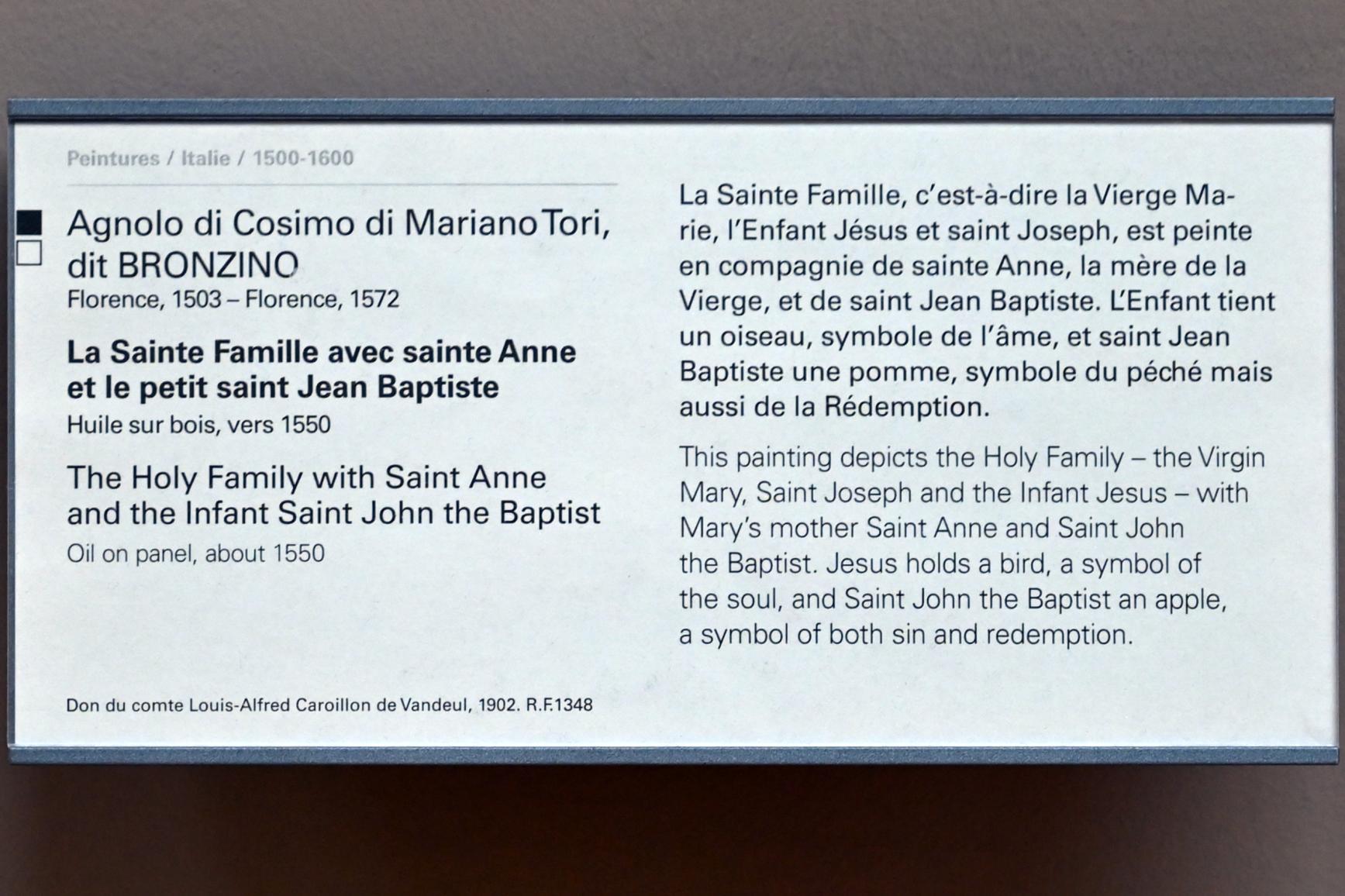 Agnolo di Cosimo di Mariano (Bronzino) (1526–1560), Die Heilige Familie mit der Heiligen Anna und dem Johannesknaben, Paris, Musée du Louvre, Saal 712b, um 1550, Bild 2/2