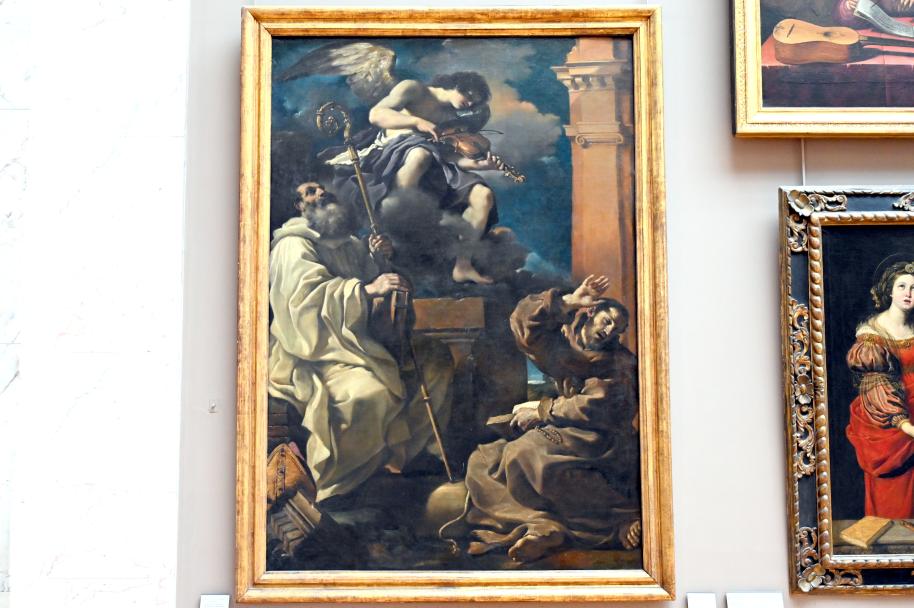 Giovanni Francesco Barbieri (Il Guercino) (1612–1659), Der heilige Franziskus in Ekstase mit dem Heiligen Benedikt und einem musizierenden Engel, Paris, Musée du Louvre, Saal 716a, 1620, Bild 1/2