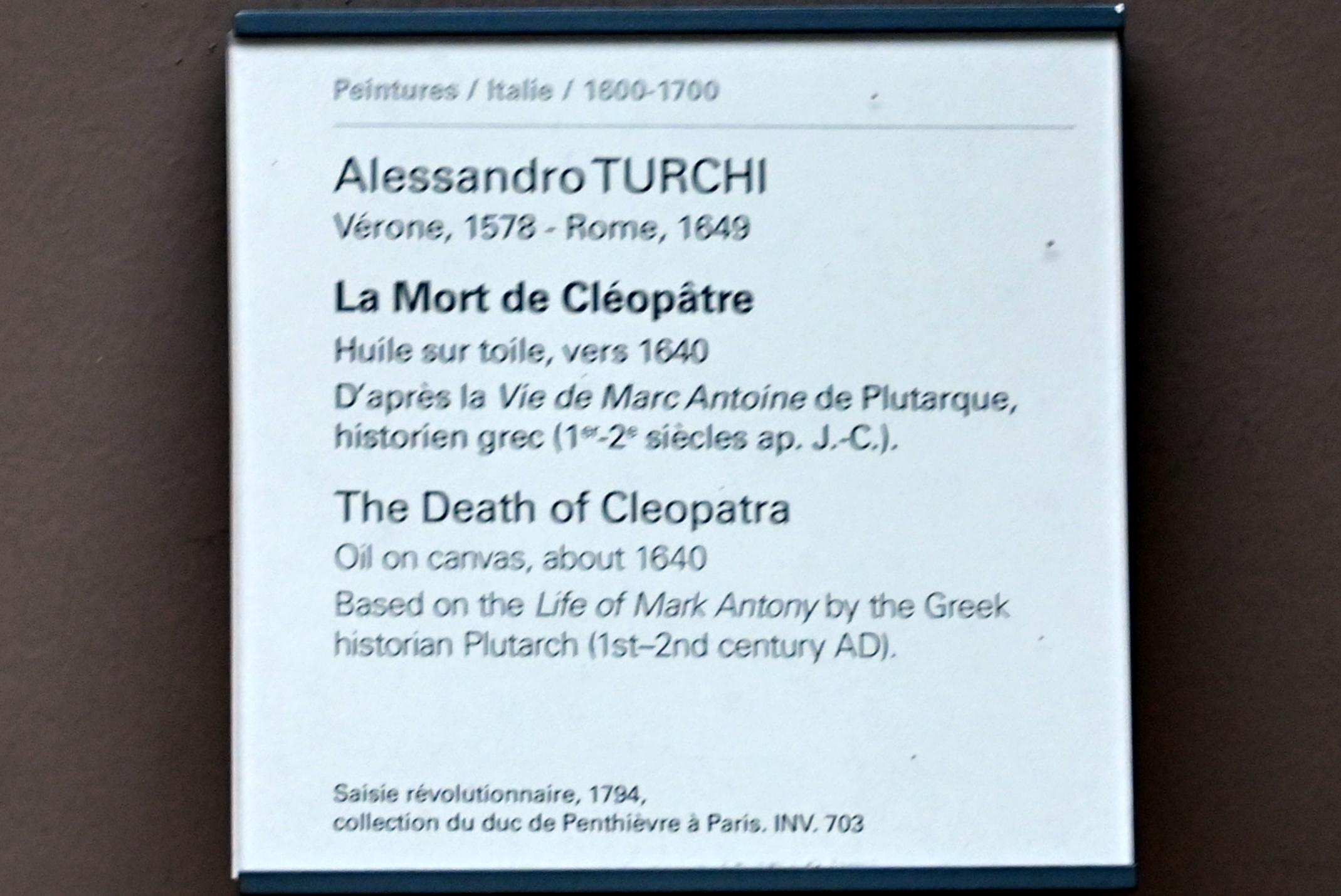 Alessandro Turchi (L'Orbetto) (1600–1640), Der Tod der Kleopatra, Paris, Musée du Louvre, Saal 716b, um 1640, Bild 2/2