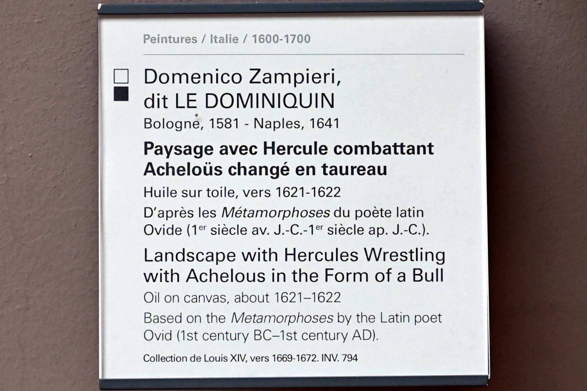 Domenichino (Domenico Zampieri) (1602–1627), Landschaft mit Herkules, der mit Acheloos in Form eines Stiers ringt, Paris, Musée du Louvre, Saal 716d, um 1621–1622, Bild 2/2