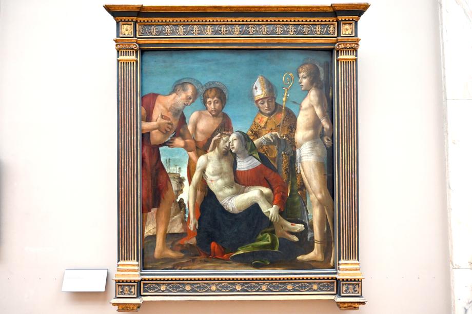 Bernardo Zenale (1494–1512), Pietà mit den Heiligen Hieronymus, Johannes dem Täufer, Gotthard und Sebastian, Mailand, Santa Maria della Passione, jetzt Paris, Musée du Louvre, Saal 710f, um 1494, Bild 1/2