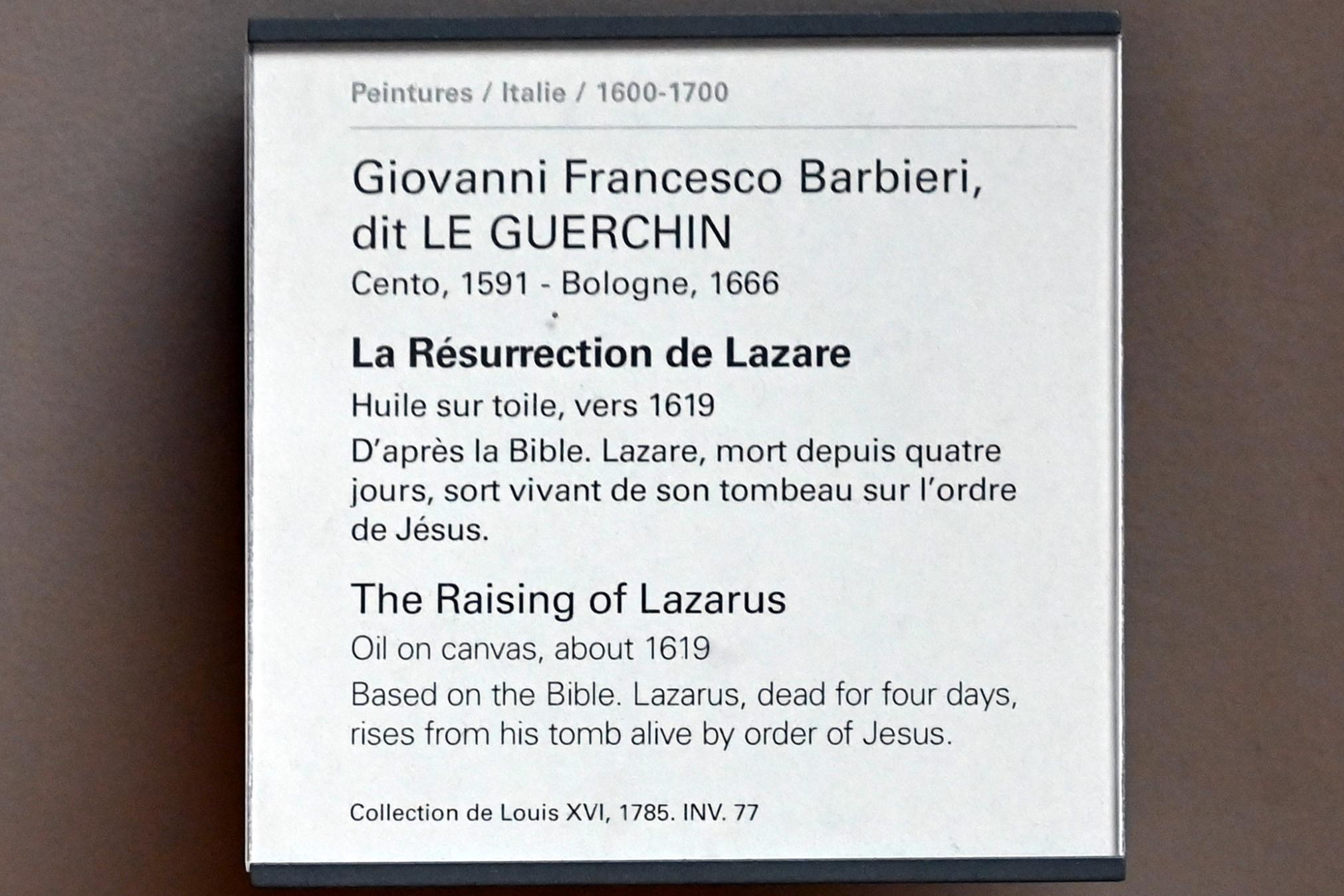 Giovanni Francesco Barbieri (Il Guercino) (1612–1659), Auferweckung des Lazarus, Paris, Musée du Louvre, Saal 716e, um 1619, Bild 2/2