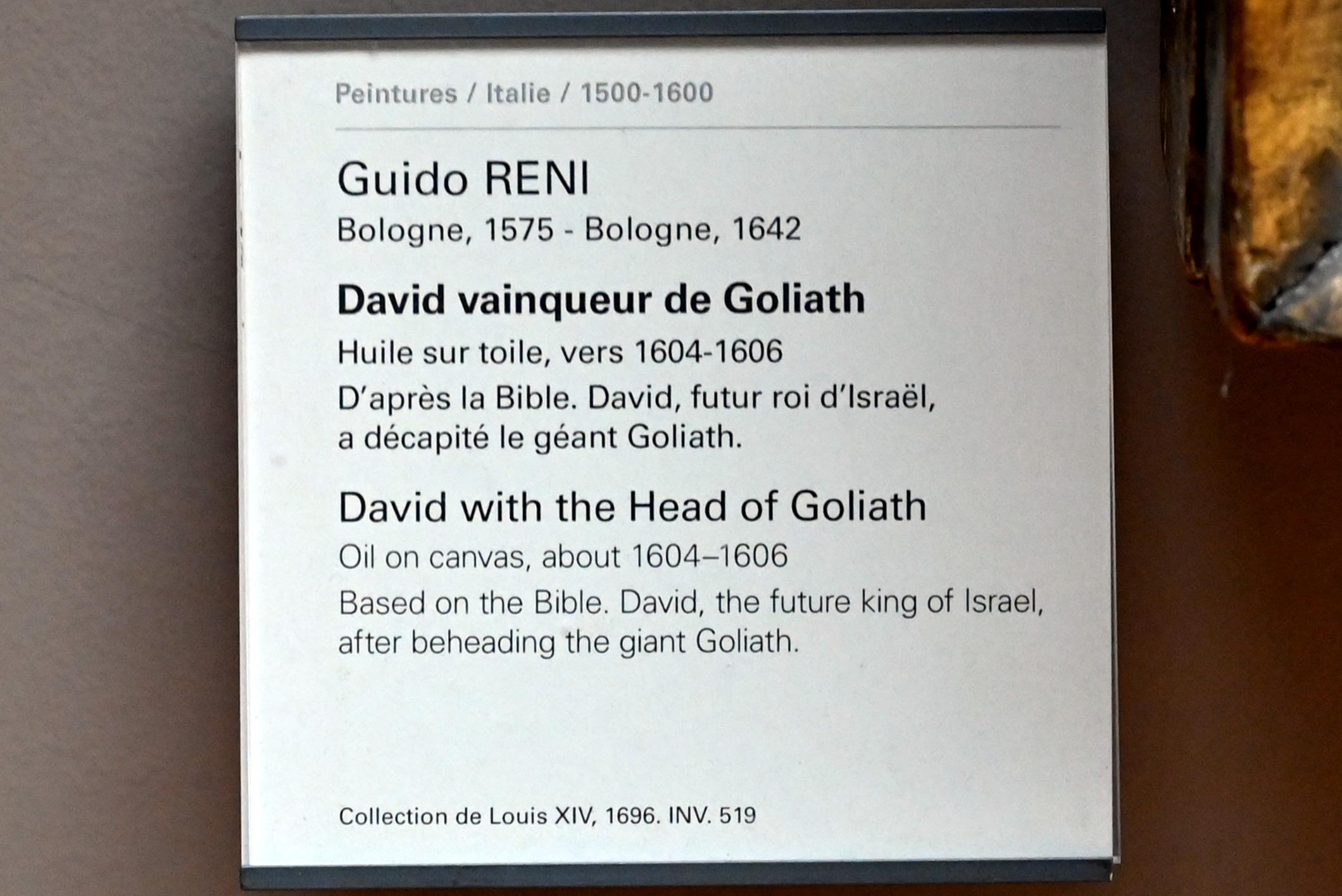 Guido Reni (1596–1641), David mit dem Haupt des Goliath, Paris, Musée du Louvre, Saal 716e, um 1604–1606, Bild 2/2