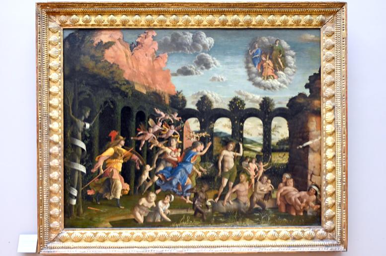Andrea Mantegna (1451–1505), Minerva, römische Kriegsgöttin, vertreibt die Laster aus dem Garten der Tugend, Mantua, Palazzo Ducale, jetzt Paris, Musée du Louvre, Saal 710g, 1502, Bild 1/2