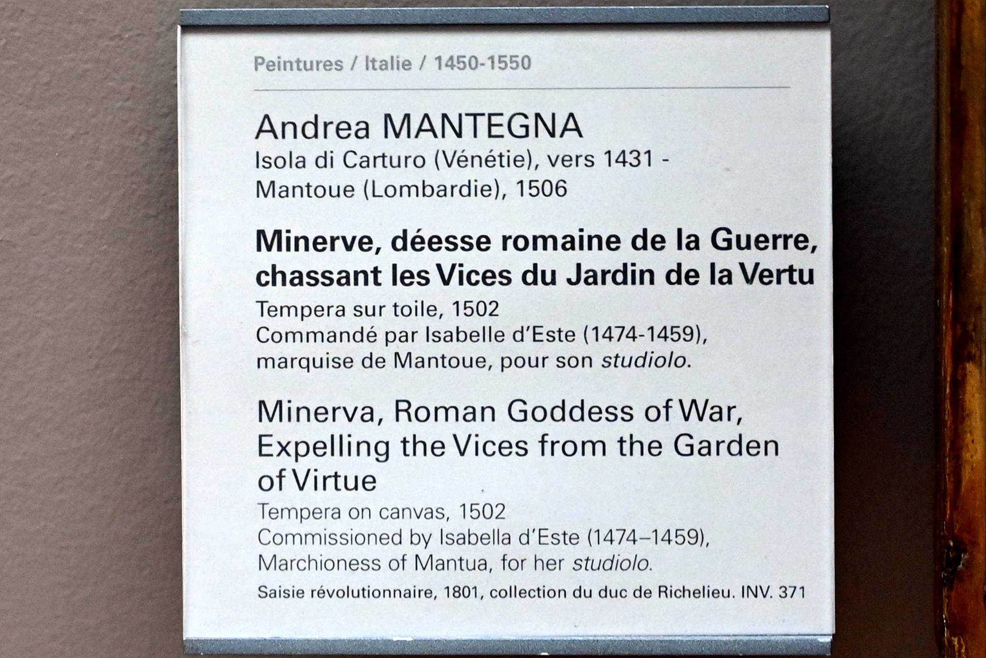 Andrea Mantegna (1451–1505), Minerva, römische Kriegsgöttin, vertreibt die Laster aus dem Garten der Tugend, Mantua, Palazzo Ducale, jetzt Paris, Musée du Louvre, Saal 710g, 1502, Bild 2/2