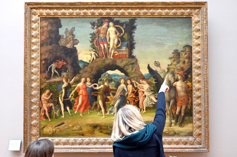 Andrea Mantegna (1451–1505), Mars, römischer Kriegsgott, und Venus, Göttin der Liebe (Parnassus), Mantua, Palazzo Ducale, jetzt Paris, Musée du Louvre, Saal 710g, 1497, Bild 1/2