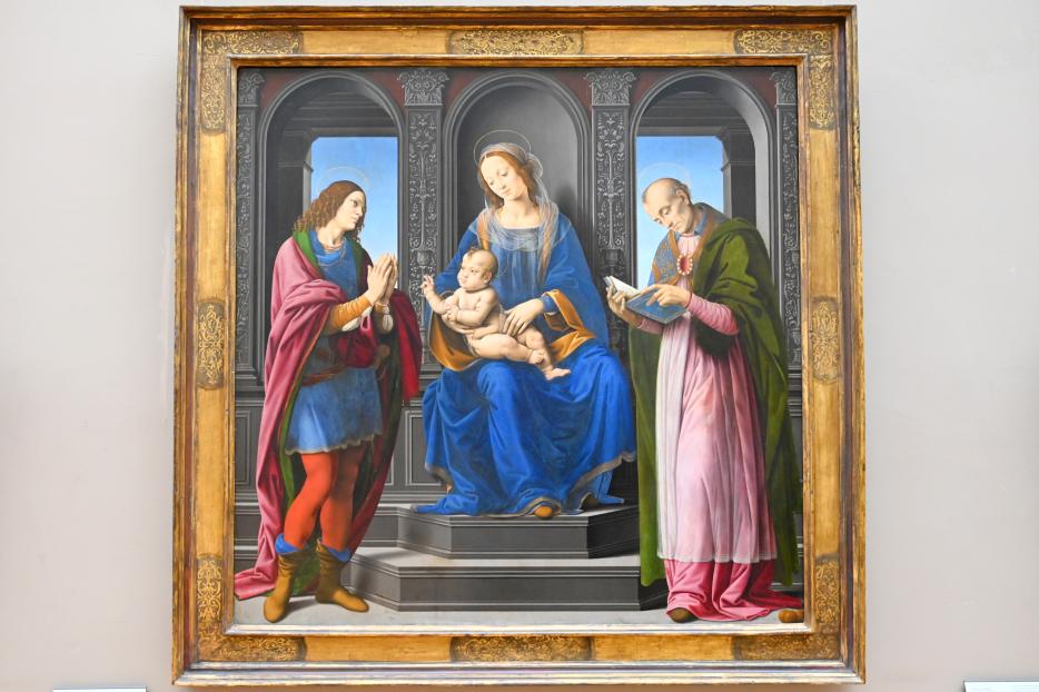 Lorenzo di Credi (1480–1520), Die Jungfrau und das Kind mit dem Heiligen Julian und dem Heiligen Nikolaus von Myra, Florenz, Santa Maria Maddalena dei Pazzi, jetzt Paris, Musée du Louvre, Saal 710h, um 1494