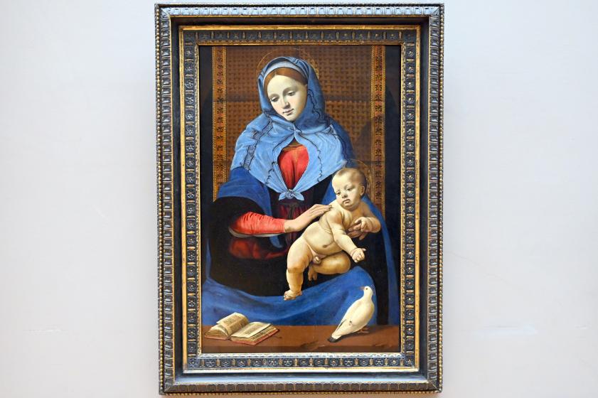 Piero di Cosimo (1481–1512), Die Jungfrau und das Kind mit einer Taube, Paris, Musée du Louvre, Saal 710h, um 1490, Bild 1/2