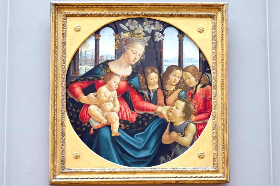 Domenico Ghirlandaio (1473–1494), Die Jungfrau Maria und das Jesuskind mit dem Johannesknaben und drei Engeln, Paris, Musée du Louvre, Saal 710h, um 1490, Bild 1/2