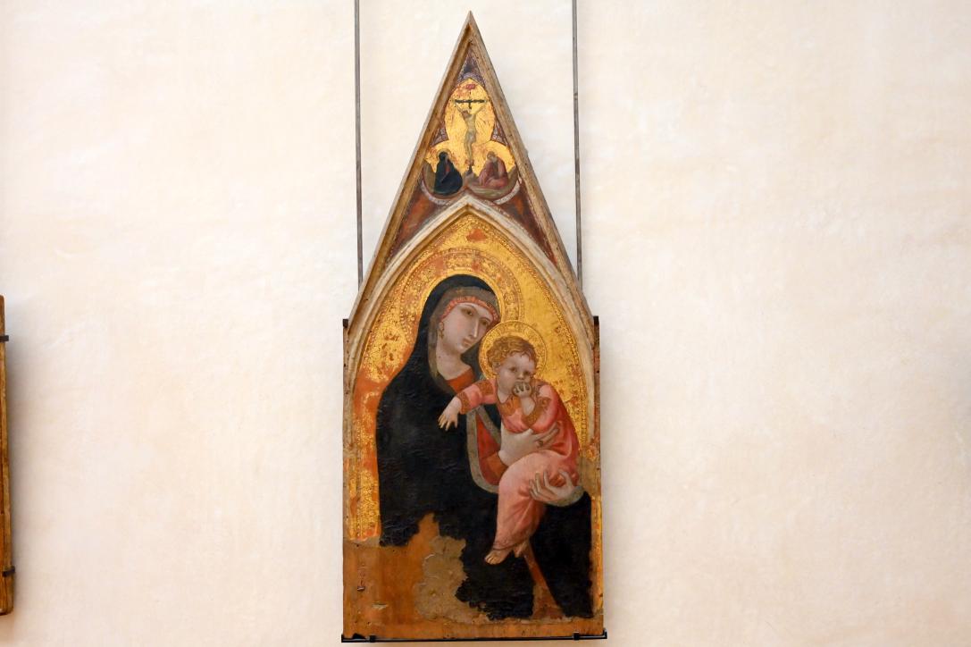 Ambrogio Lorenzetti (1322–1335), Die Jungfrau Maria und das Jesuskind, im Giebelkleeblatt der Kalvarienberg, Paris, Musée du Louvre, Saal 709, um 1330–1335, Bild 1/2