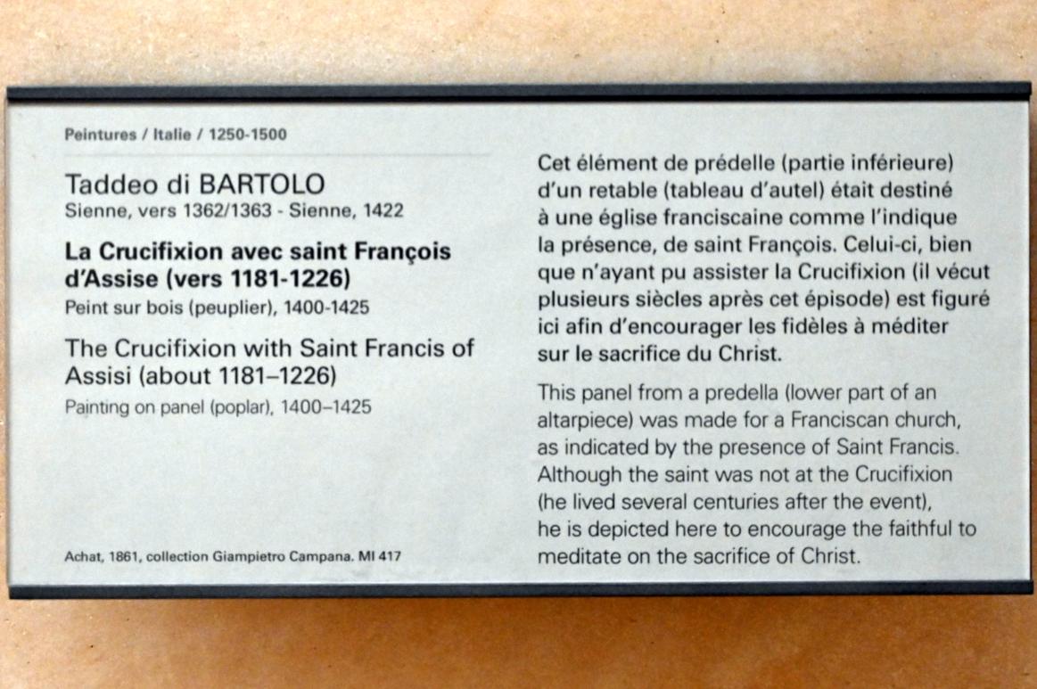 Taddeo di Bartolo (1403–1422), Die Kreuzigung mit dem Heiligen Franziskus von Assisi (ca. 1181–1226), Paris, Musée du Louvre, Saal 709, um 1400–1425, Bild 2/2