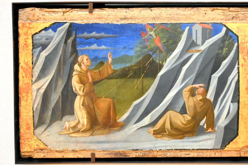 Francesco Pesellino (1442–1456), Der heilige Franziskus empfängt die Stigmata, Florenz, Franziskanerkirche Santa Croce, jetzt Paris, Musée du Louvre, Saal 709, um 1440–1445, Bild 1/2