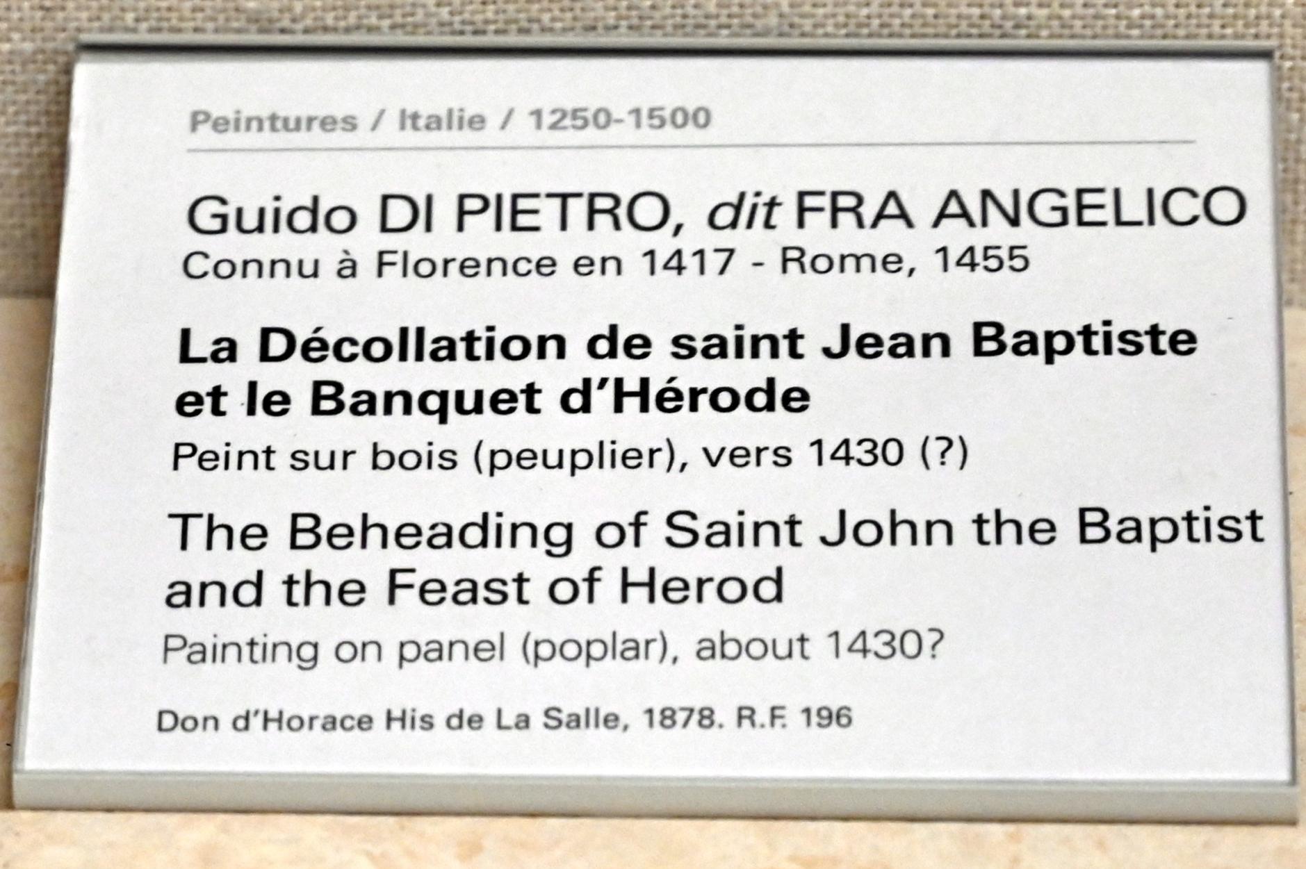 Fra Angelico (Guido di Pietro) (1421–1447), Die Enthauptung des Heiligen Johannes des Täufers und das Bankett des Herodes, Paris, Musée du Louvre, Saal 709, um 1430, Bild 2/2