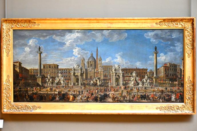 Giovanni Paolo Pannini (1722–1759), Vorbereitung des Feuerwerks und der Dekoration auf der Piazza Navona in Rom am 30. November 1729 zur Feier der Geburt des Dauphin von Frankreich, Paris, Musée du Louvre, Saal 718, 1729, Bild 1/2