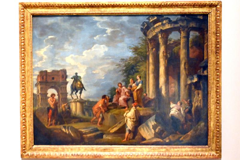 Giovanni Paolo Pannini (1722–1759), Architektonische Ruinen mit dem Janusbogen, dem Vesta-Tempel und der Reiterstatue von Marc Aurel, Paris, Musée du Louvre, Saal 718, 1743, Bild 1/2