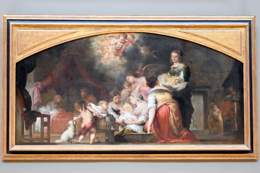 Bartolomé Esteban Murillo (1645–1678), Die Geburt der Jungfrau, Sevilla, Kathedrale Santa María de la Sede, jetzt Paris, Musée du Louvre, Saal 718, 1661, Bild 1/2
