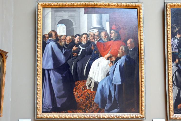 Francisco de Zurbarán y Salazar (1628–1661), Der Heilige Bonaventura beim Konzil von Lyon, Sevilla, Colegio de San Buenaventura, jetzt Paris, Musée du Louvre, Saal 718, 1629, Bild 1/2