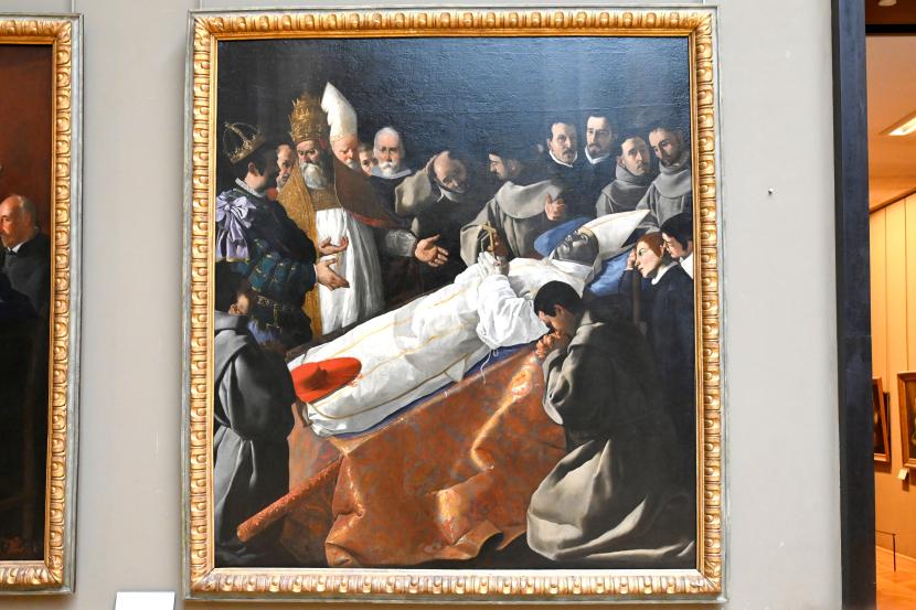 Francisco de Zurbarán y Salazar (1628–1661), Aufbahrung des Heiligen Bonaventura, Sevilla, Colegio de San Buenaventura, jetzt Paris, Musée du Louvre, Saal 718, 1629, Bild 1/2