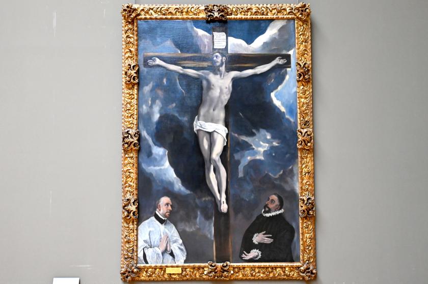 El Greco (Domínikos Theotokópoulos) (1567–1613), Christus am Kreuz, angebetet von zwei Stiftern, Sevilla, Kloster Santa Paula, jetzt Paris, Musée du Louvre, Saal 718, um 1600, Bild 1/2