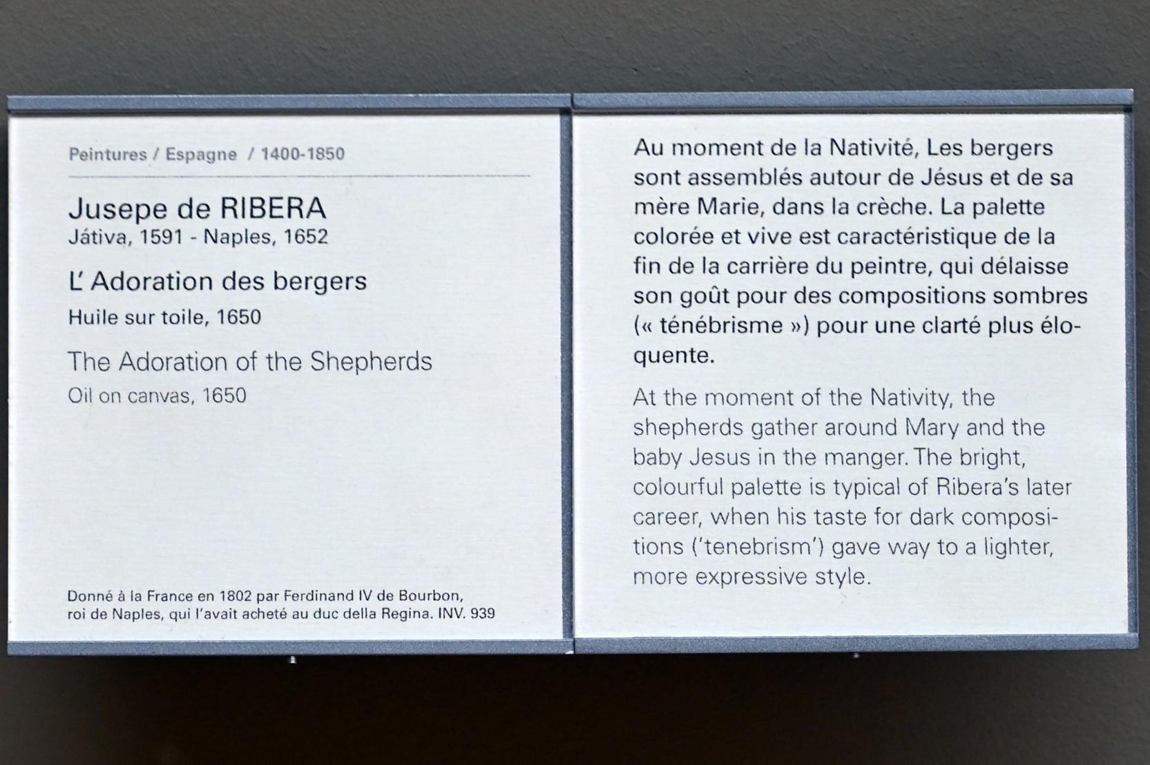 Jusepe de Ribera (1607–1650), Anbetung der Hirten, Paris, Musée du Louvre, Saal 718, 1650, Bild 2/2
