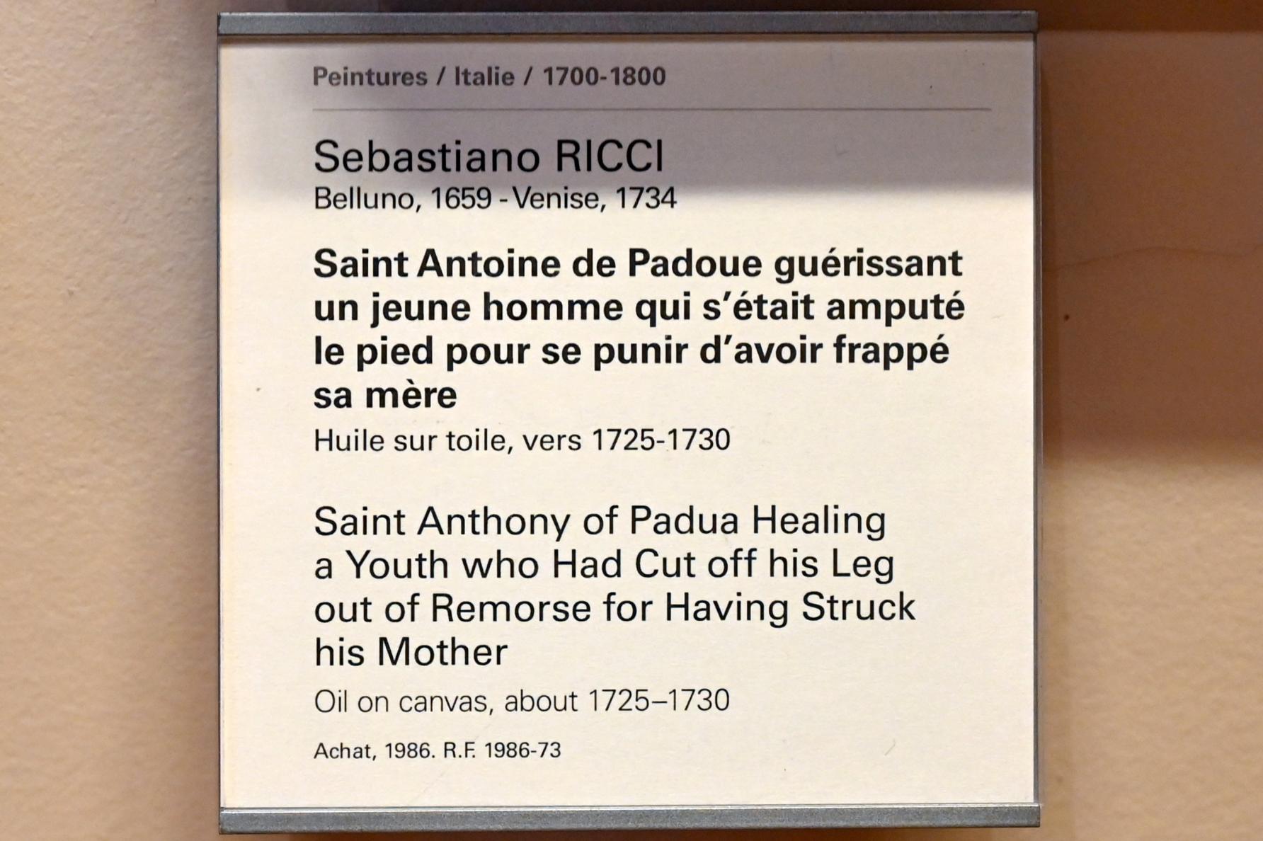 Sebastiano Ricci (1692–1733), Der heilige Antonius von Padua heilt einen Jugendlichen, der sich aus Reue, weil er seine Mutter geschlagen hatte, das Bein abgetrennt hatte, Paris, Musée du Louvre, Saal 724, um 1725–1730, Bild 2/2