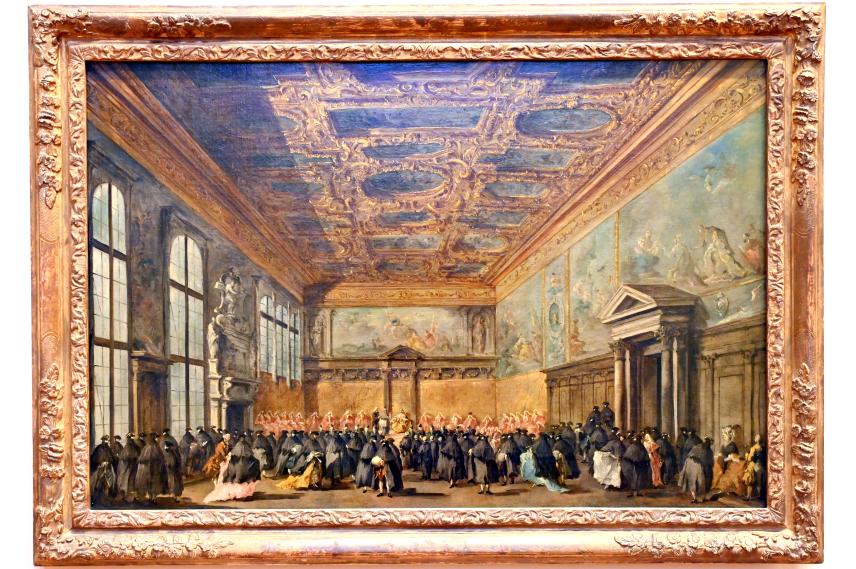 Francesco Guardi (1755–1790), Vom Dogen von Venedig gewährte Audienz im Kollegiumssaal des Herzogspalastes, Paris, Musée du Louvre, Saal 723, um 1775–1780, Bild 1/2