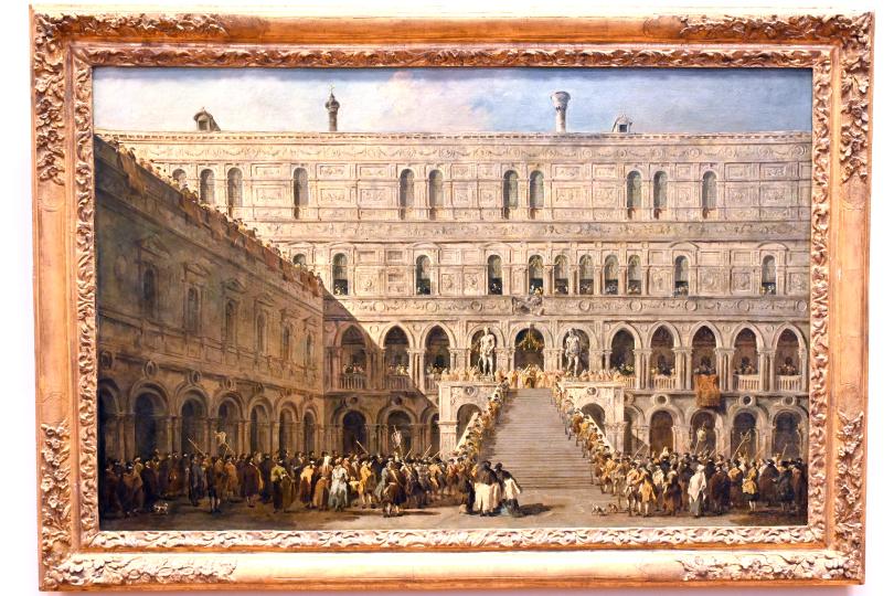Francesco Guardi (1755–1790), Die Krönung des Dogen auf der Scala dei Giganti des Dogenpalastes in Venedig, Paris, Musée du Louvre, Saal 723, um 1770–1780, Bild 1/2