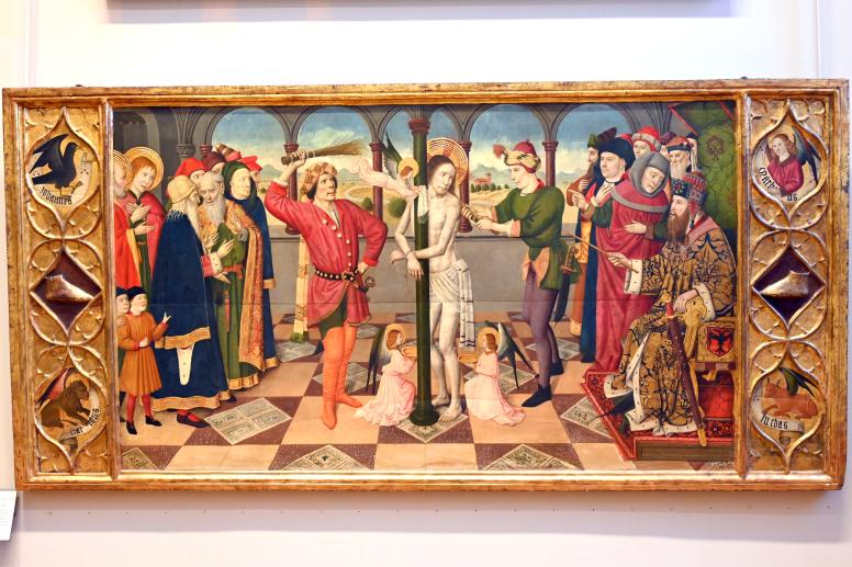 Jaume Huguet (1457–1460), Geißelung Christi, Barcelona, La Catedral de la Santa Creu i Santa Eulàlia, jetzt Paris, Musée du Louvre, Saal 730, um 1455–1460