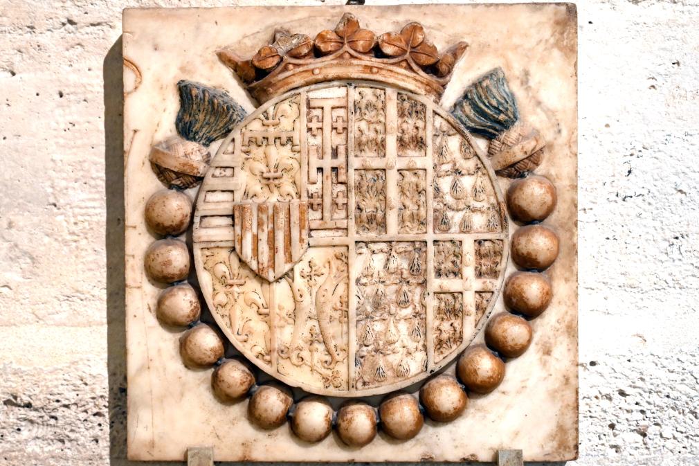Francesco Laurana (Werkstatt) (1479), Wappen von René d'Anjou, König von Neapel und Jerusalem (1409–1480) und von Jeanne de Laval (1433–1498), Paris, Musée du Louvre, Saal 160, um 1478–1481