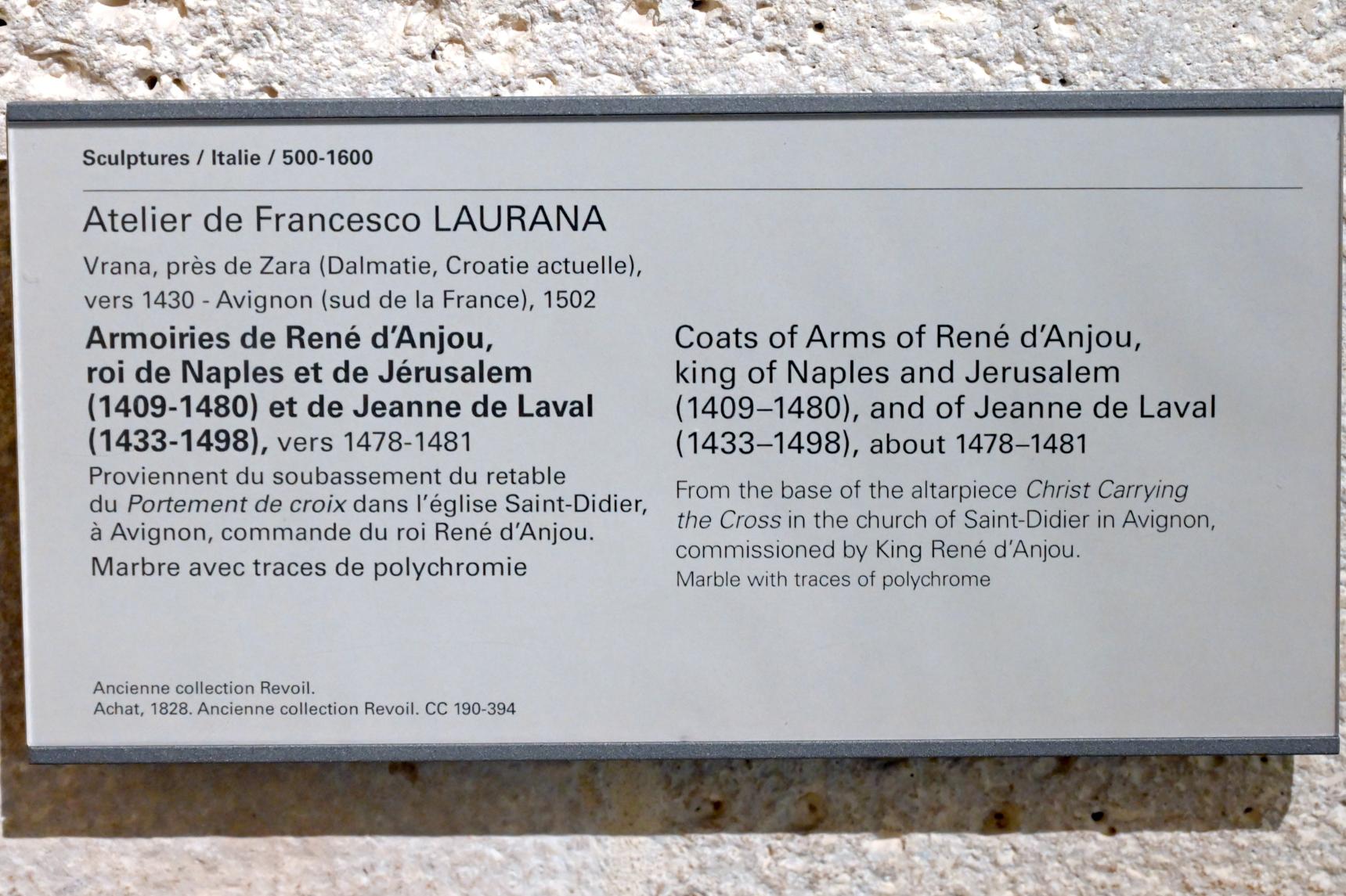 Francesco Laurana (Werkstatt) (1479), Wappen von René d'Anjou, König von Neapel und Jerusalem (1409–1480) und von Jeanne de Laval (1433–1498), Paris, Musée du Louvre, Saal 160, um 1478–1481, Bild 2/2