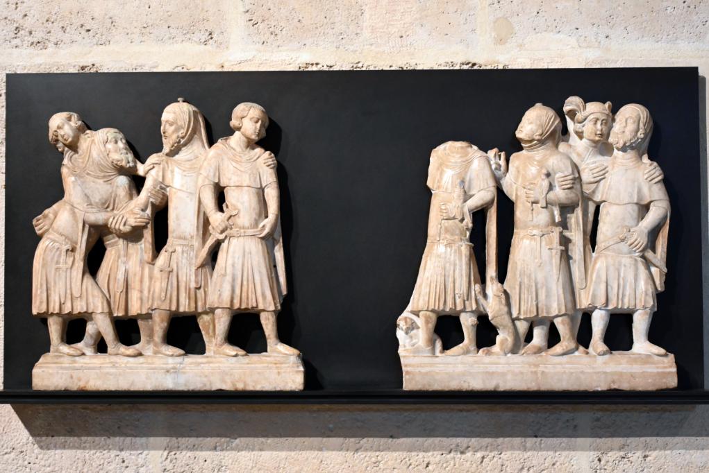 Zwei Figurengruppen in Zivilkostüm (Versöhnungsszene?), Paris, Musée du Louvre, Saal 160, um 1300–1350, Bild 1/4