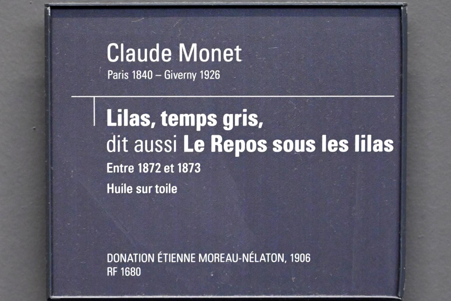 Claude Monet (1864–1925), Flieder bei grauem Wetter (Die Ruhe unter den Fliedersträuchern), Paris, Musée d’Orsay, 1872–1873, Bild 2/2